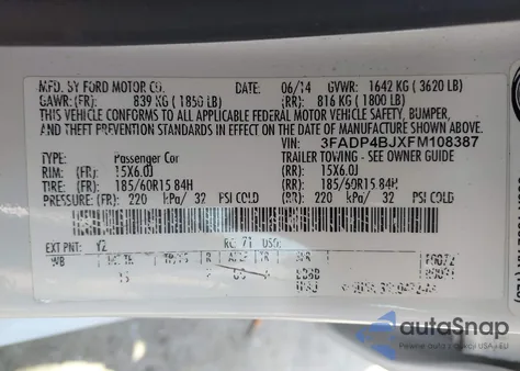 2015 Ford Fiesta Se из США, поврежденный, VIN 3FADP4BJXFM108387